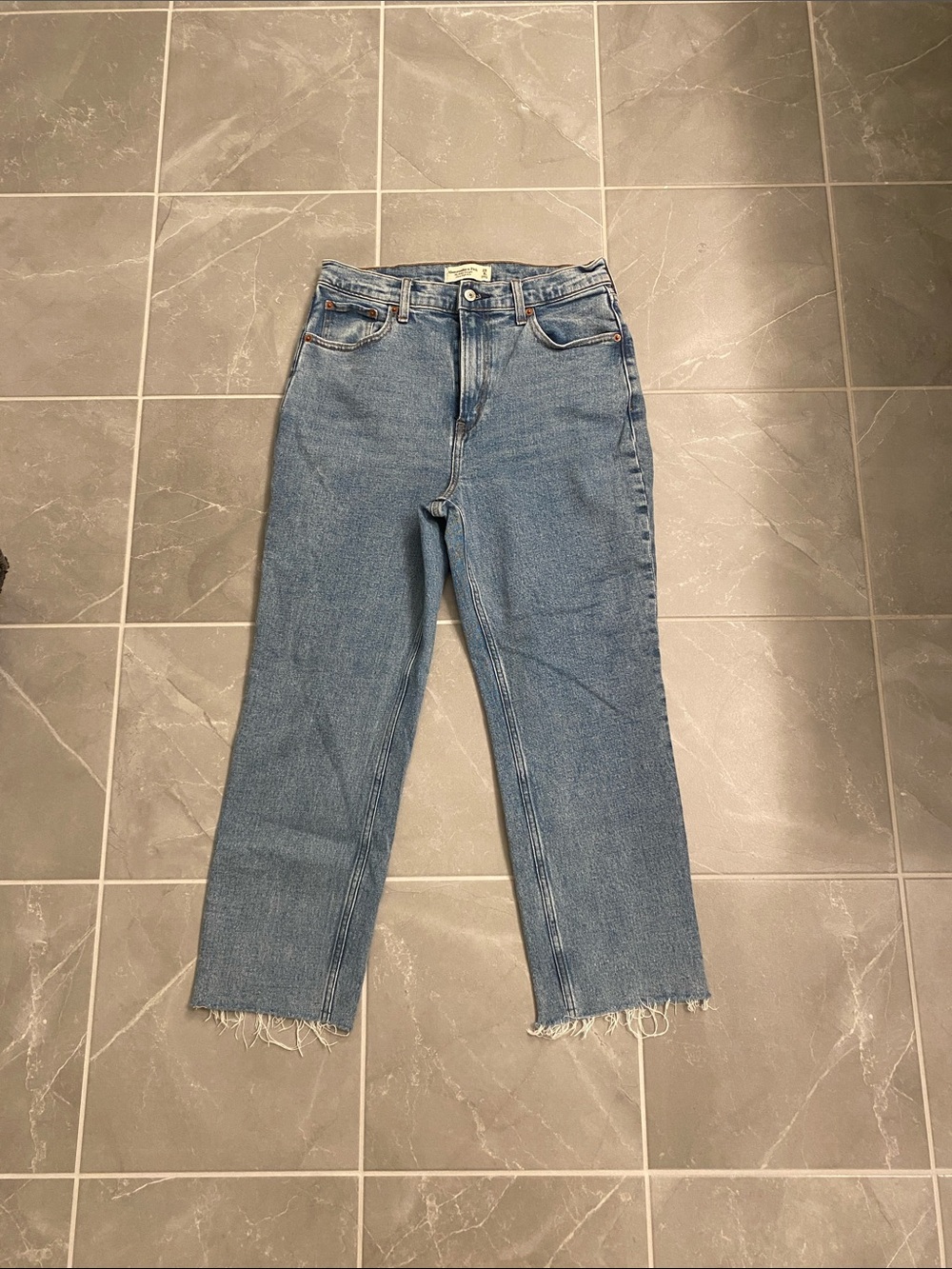 Abercrombie & Fitch Light Blue Straight Leg Jeans with Frayed Hem